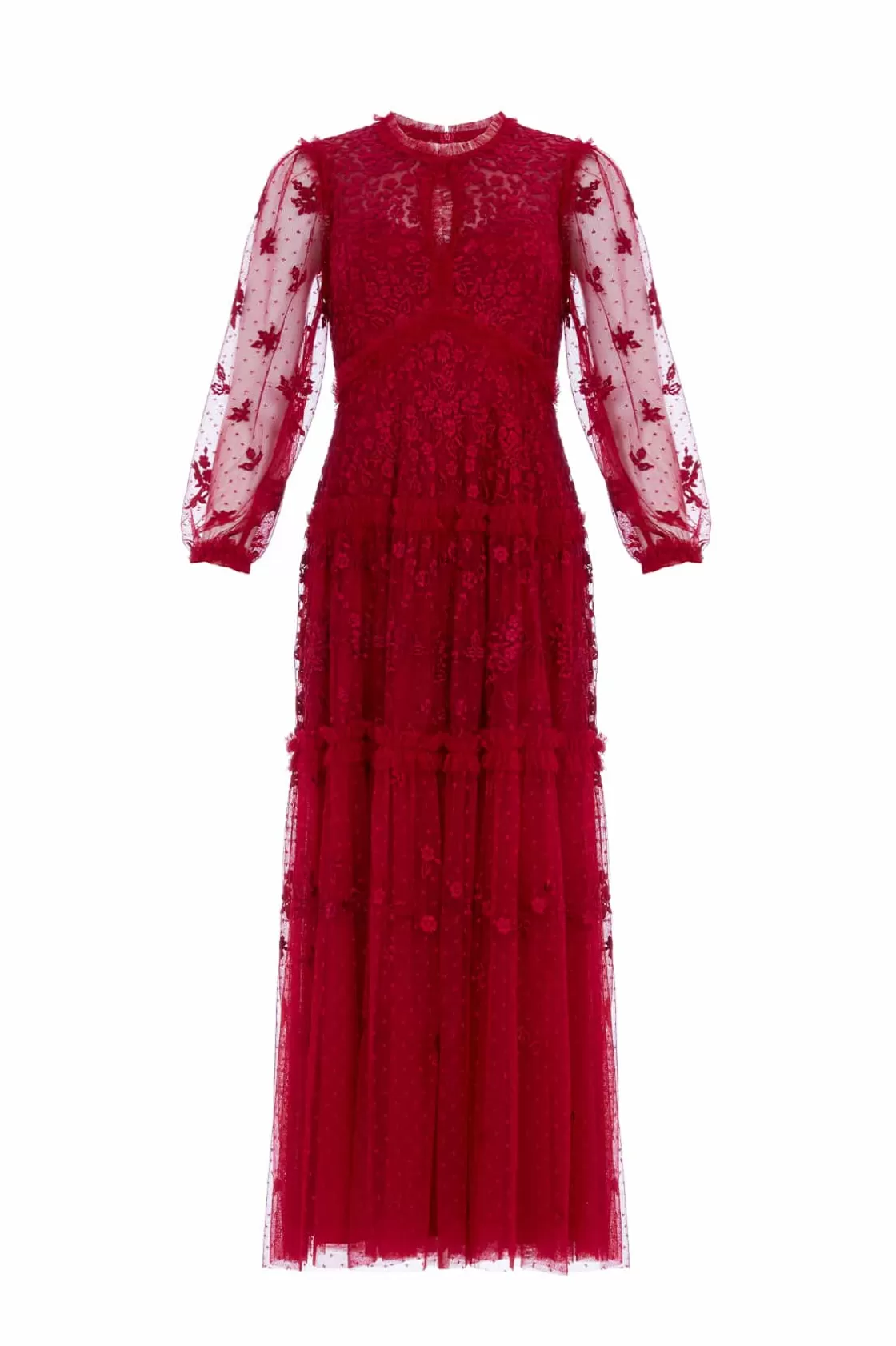 Needle & Thread Plus Size | Suknie Wieczorowe-Autumn Lace Long Sleeve Ankle Gown Red