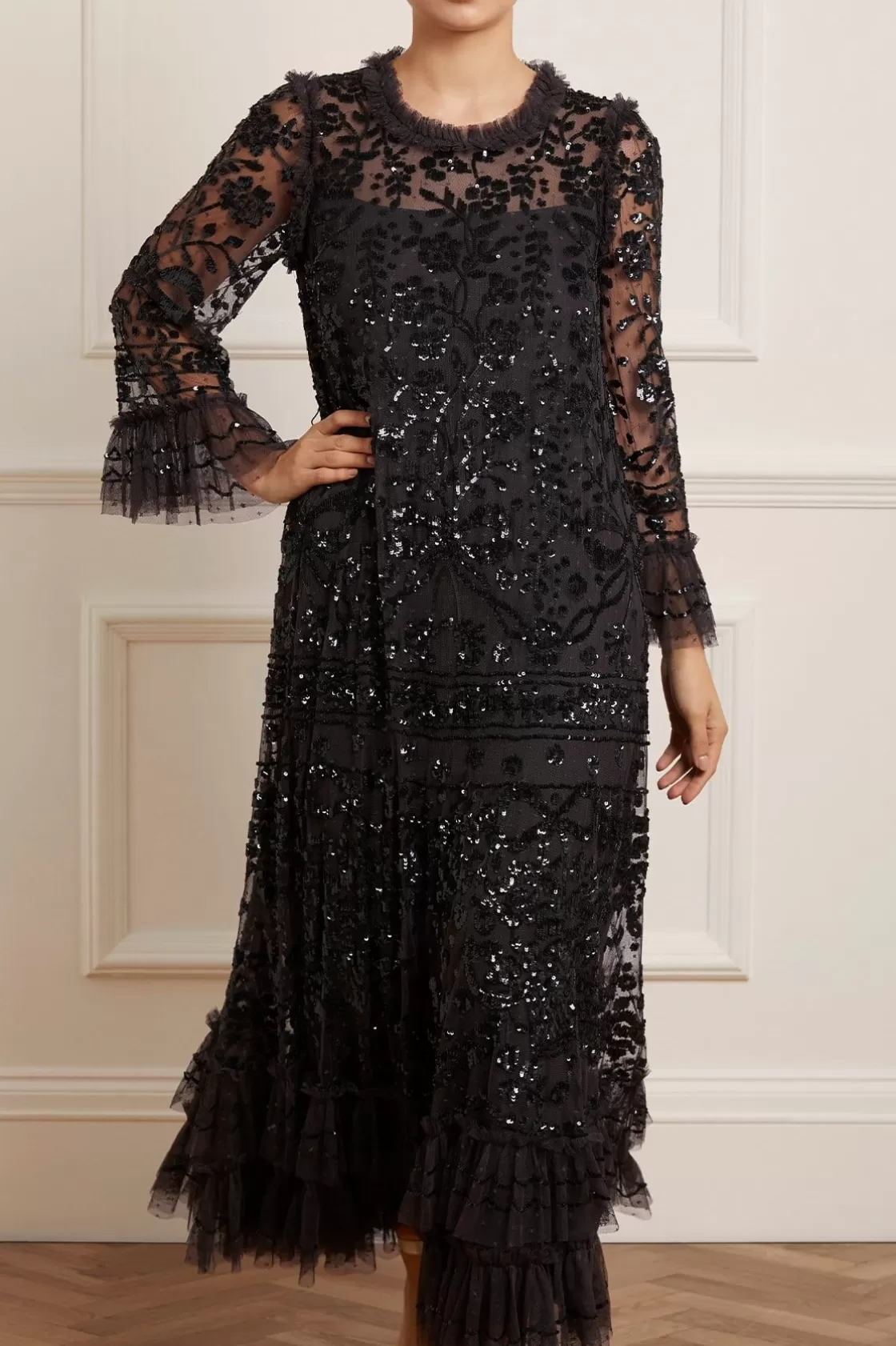 Needle & Thread Plus Size | Suknie Wieczorowe-Celia Long Sleeve Ankle Gown Black