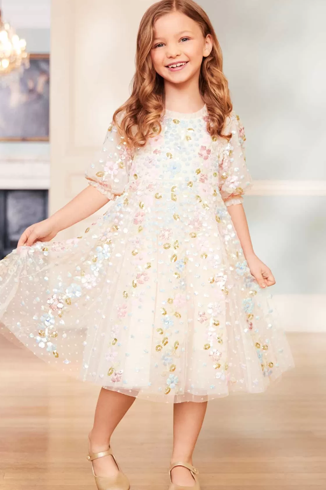 Needle & Thread Mamusia I Ja | Dziewczyna Z Kwiatami-Confetti Gloss Kids Dress Champagne