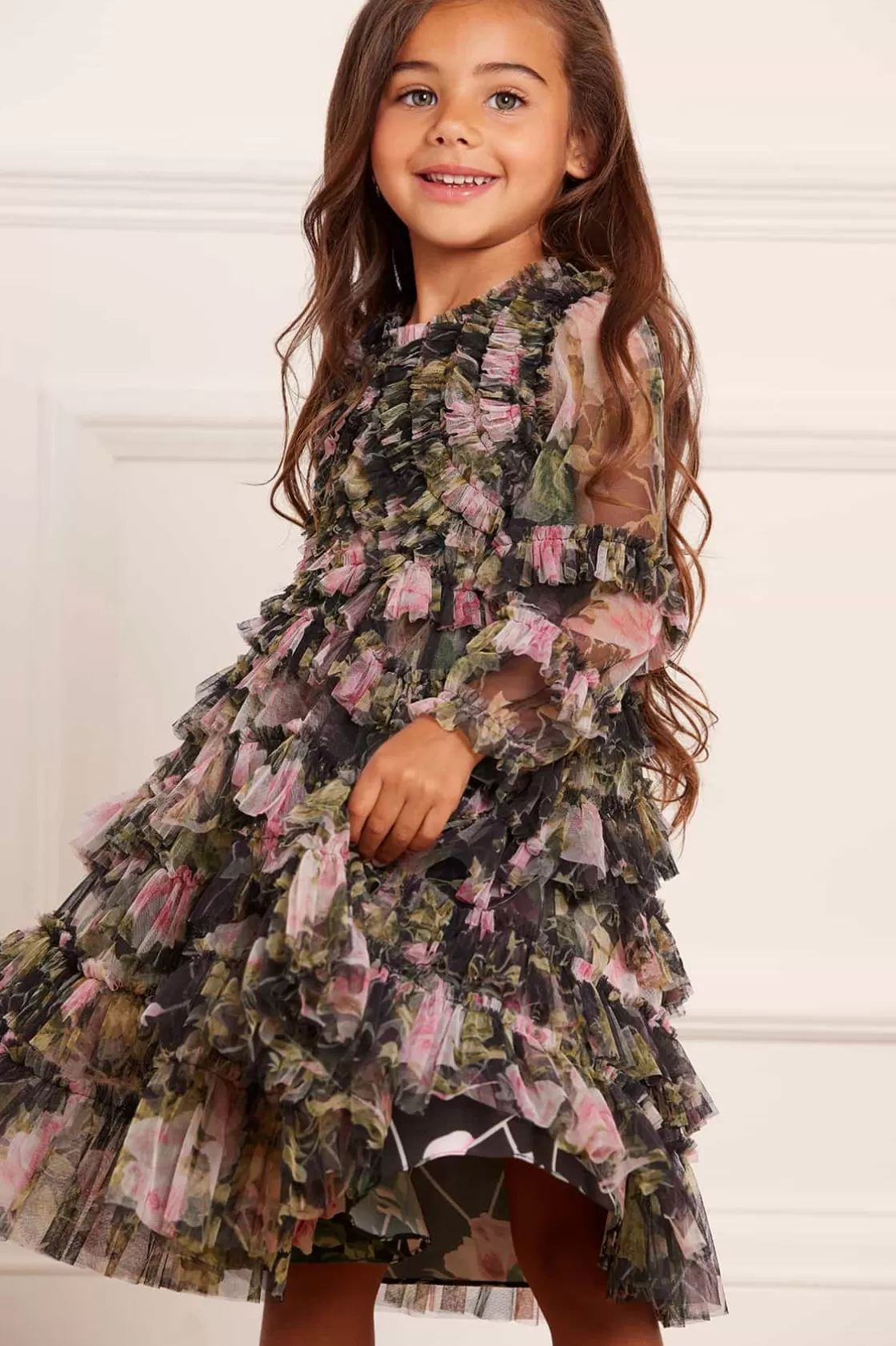 Needle & Thread Mamusia I Ja | Kids Printed Dresses-English Rose Ruffle Kids Dress Black