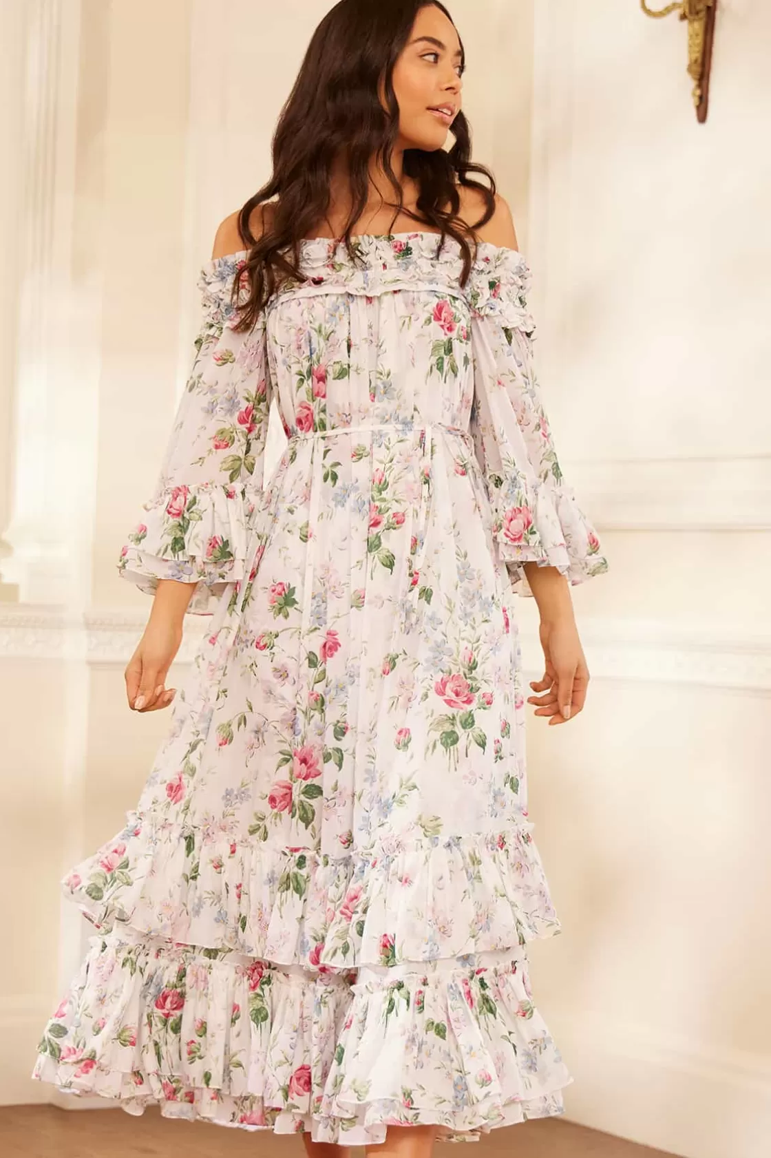 Needle & Thread Gość Weselny | Plus Size-Floral Fantasy Chiffon Off-Shoulder Ankle Gown Multi