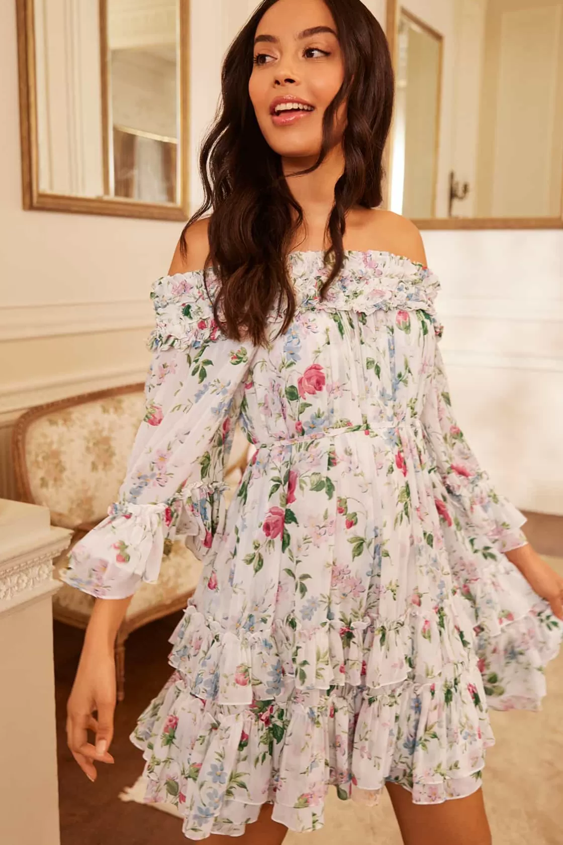 Needle & Thread Gość Weselny | Plus Size-Floral Fantasy Chiffon Off-Shoulder Micro Mini Dress Multi