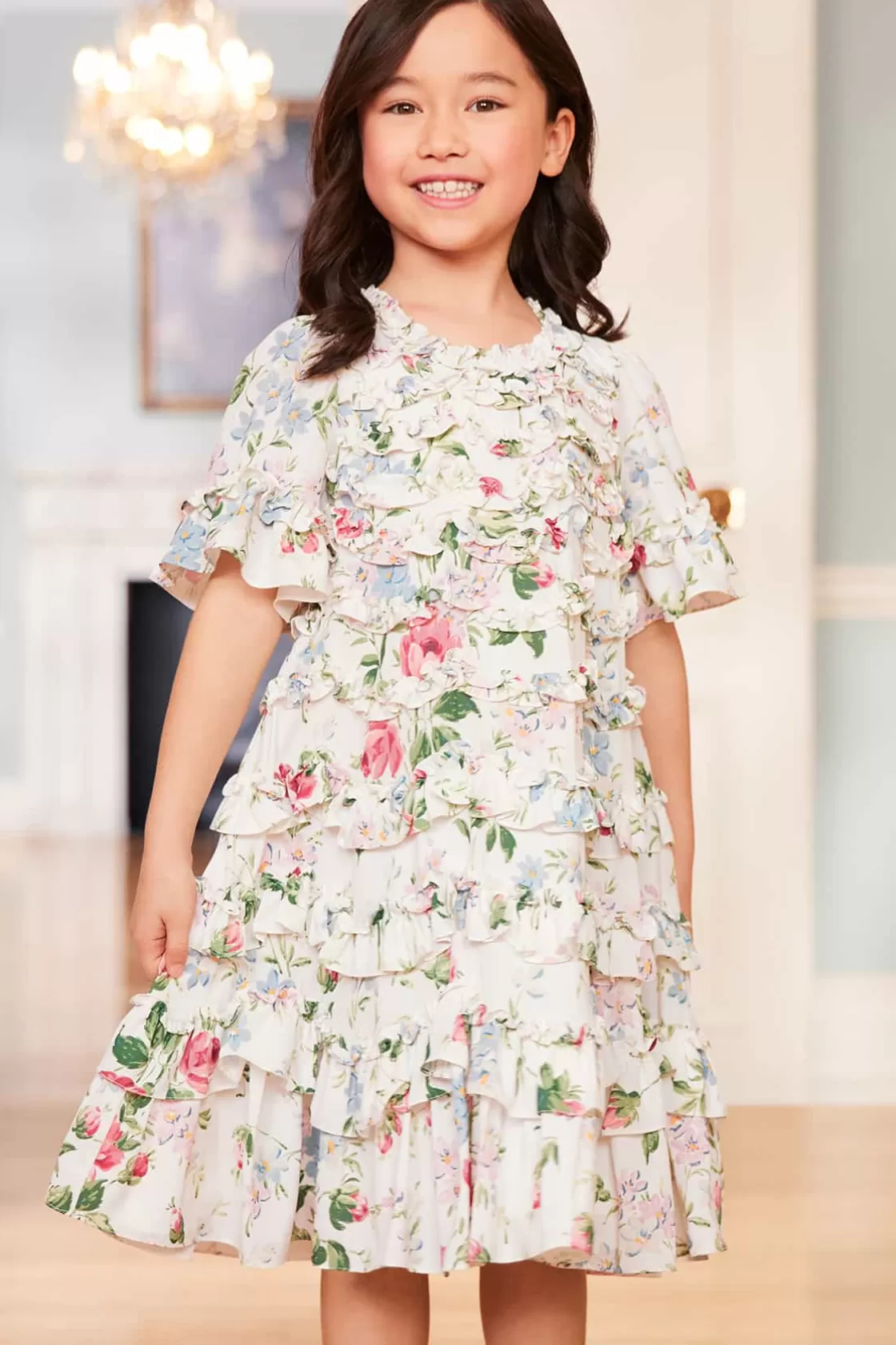 Needle & Thread Mamusia I Ja | Kids Printed Dresses-Floral Fantasy Crepe Short Sleeve Kids Dress Multi