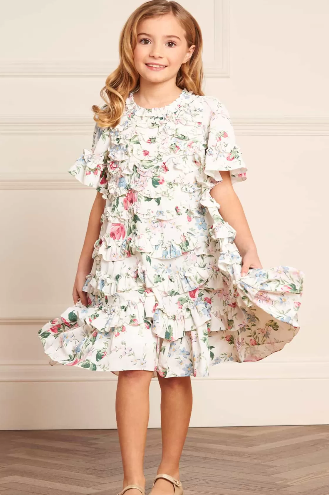 Needle & Thread Mamusia I Ja | Kids Printed Dresses-Floral Fantasy Crepe Short Sleeve Kids Dress Multi