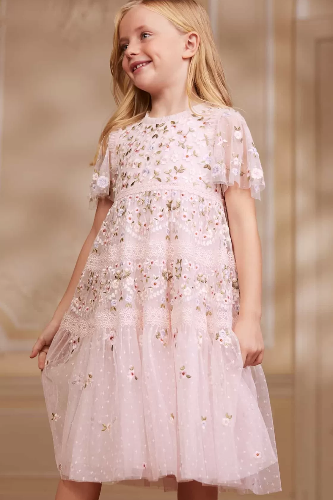 Needle & Thread Mamusia I Ja | Dziewczyna Z Kwiatami-Garland Ribbon Kids Dress Pink