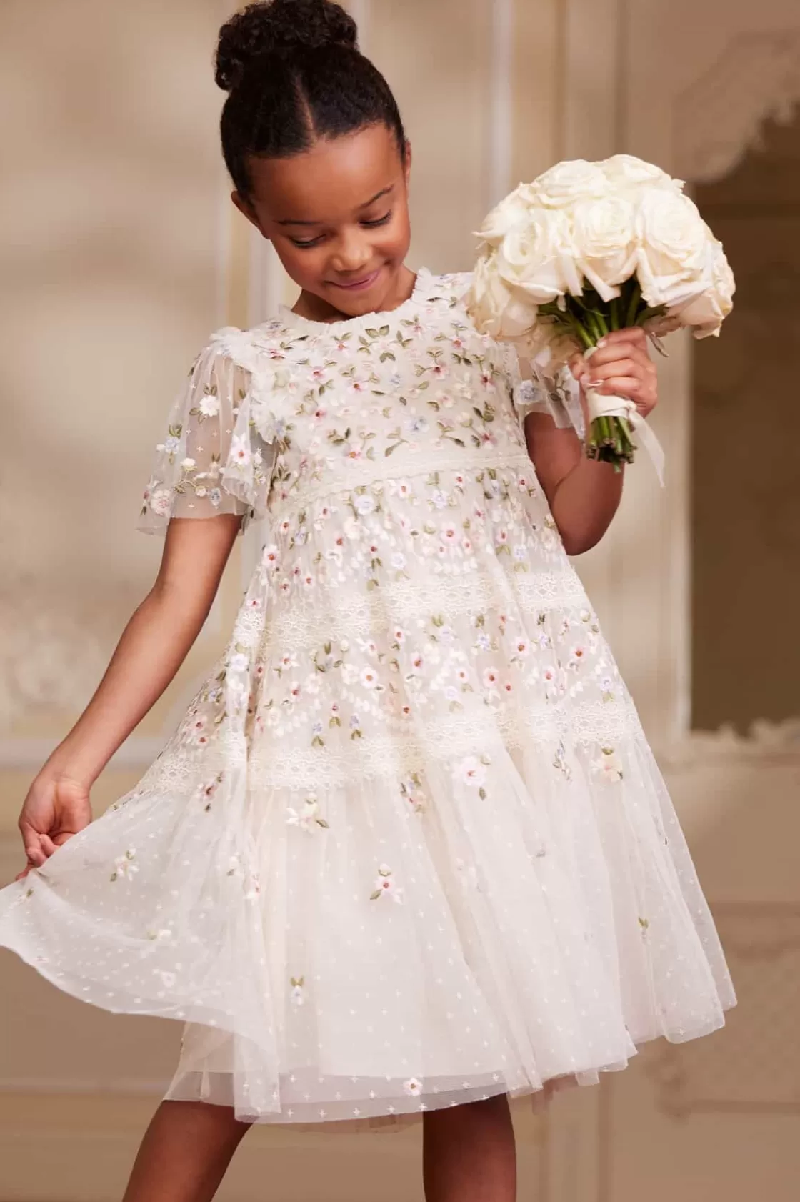 Needle & Thread Mamusia I Ja | Dziewczyna Z Kwiatami-Garland Ribbon Kids Dress Champagne