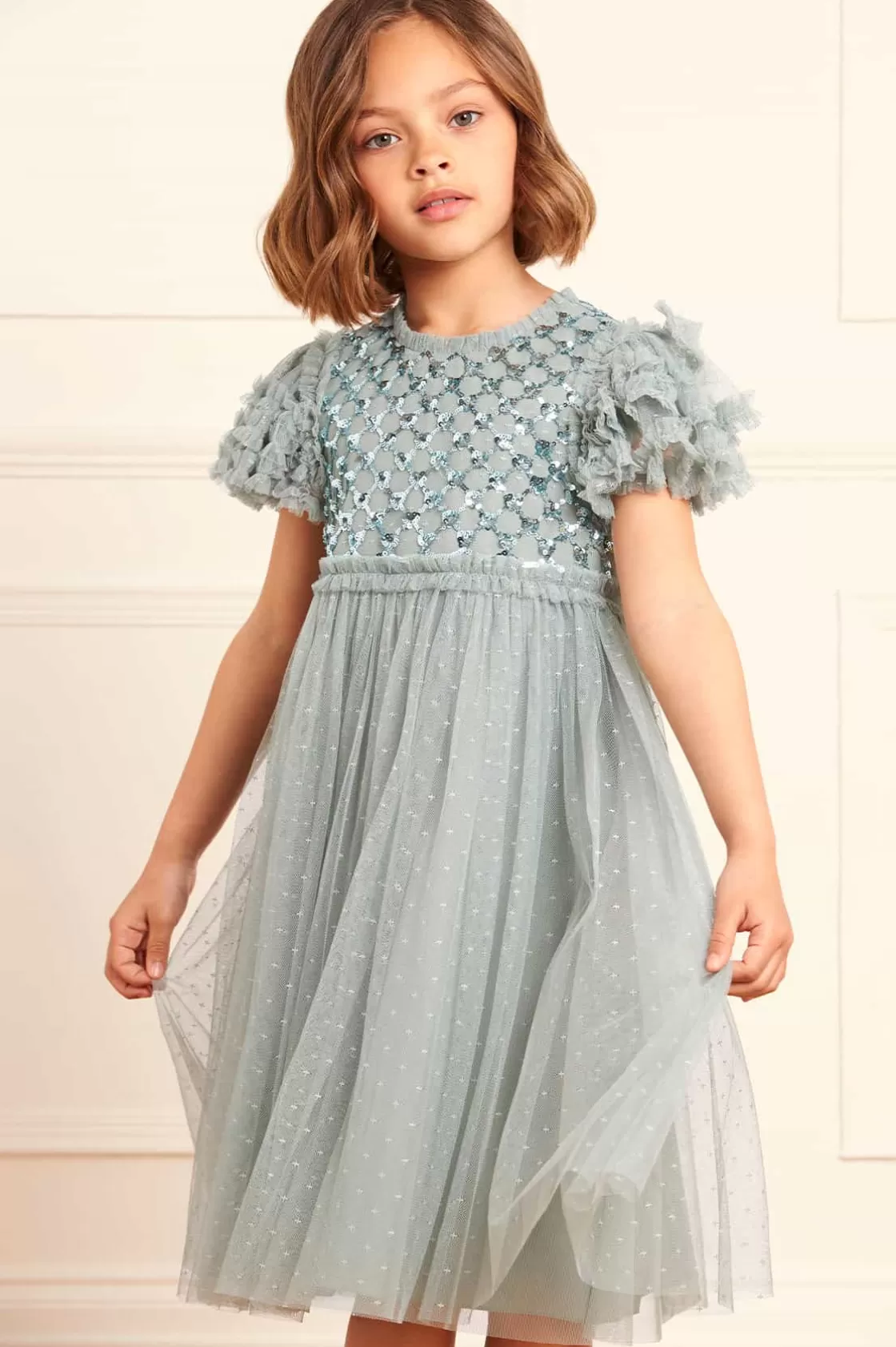 Needle & Thread Kids Responsibly Sourced | Odpowiedzialnie Pozyskiwane-Heart Lattice Bodice Kids Dress Green