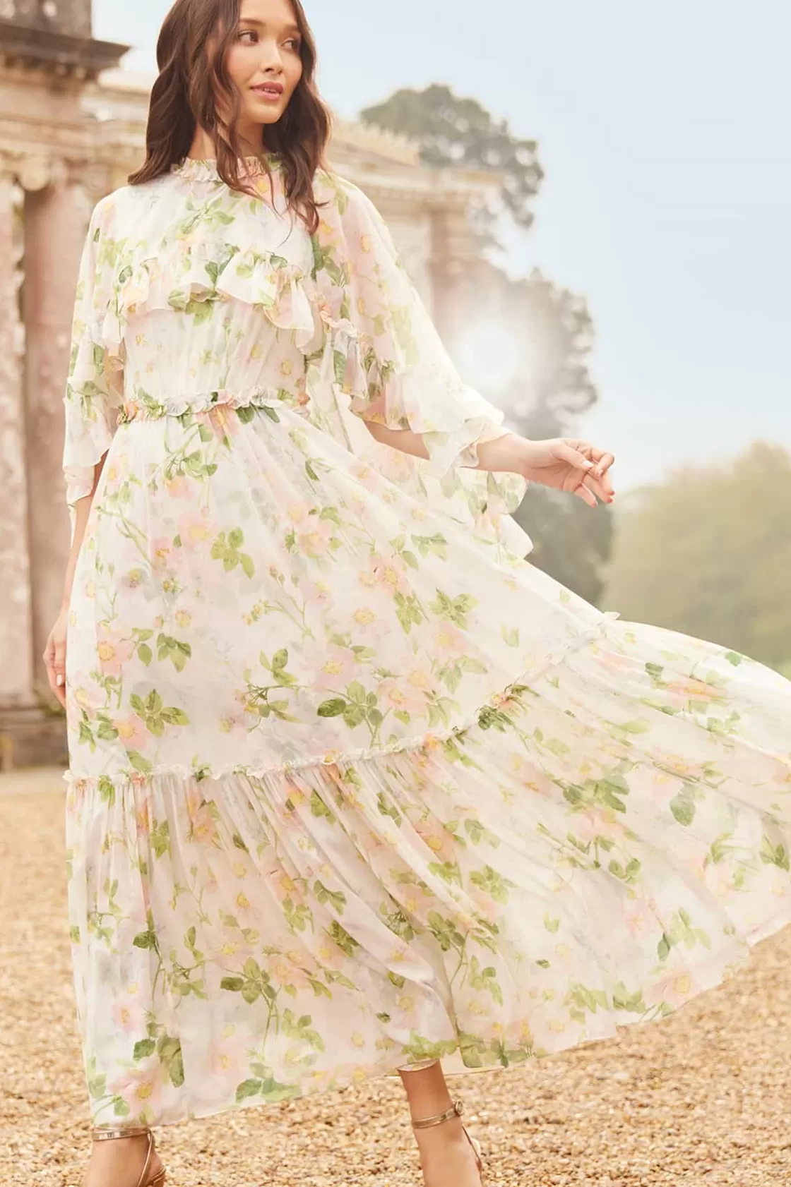 Needle & Thread Gość Weselny | Sukienki Drukowane-Immortal Rose Harper Chiffon Cape Ankle Gown Multi