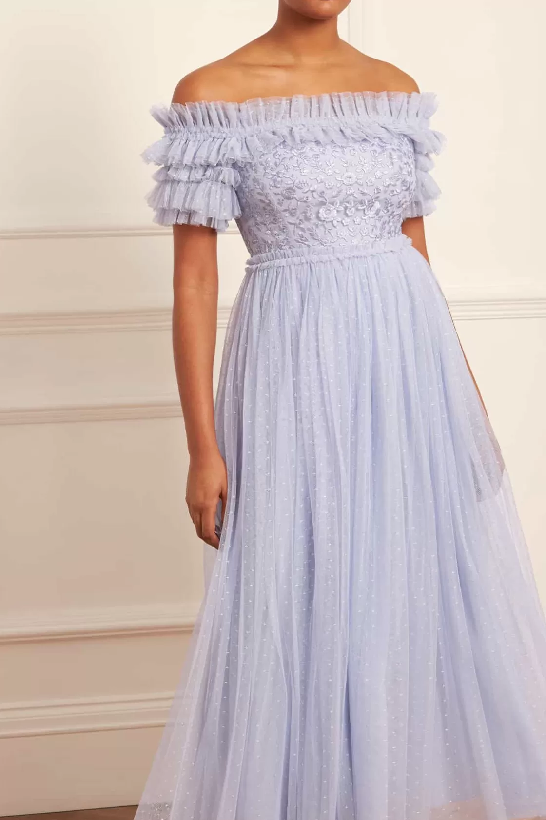 Needle & Thread Bridesmaid | Plus Size-Midsummer Lace Bodice Off-Shoulder Ankle Gown Blue