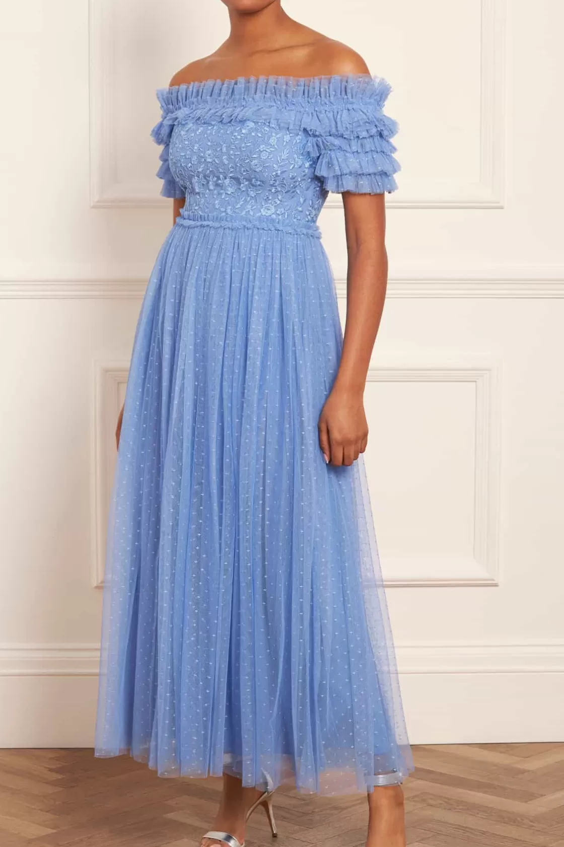 Needle & Thread Plus Size | Suknie Wieczorowe-Midsummer Lace Bodice Off-Shoulder Ankle Gown Blue