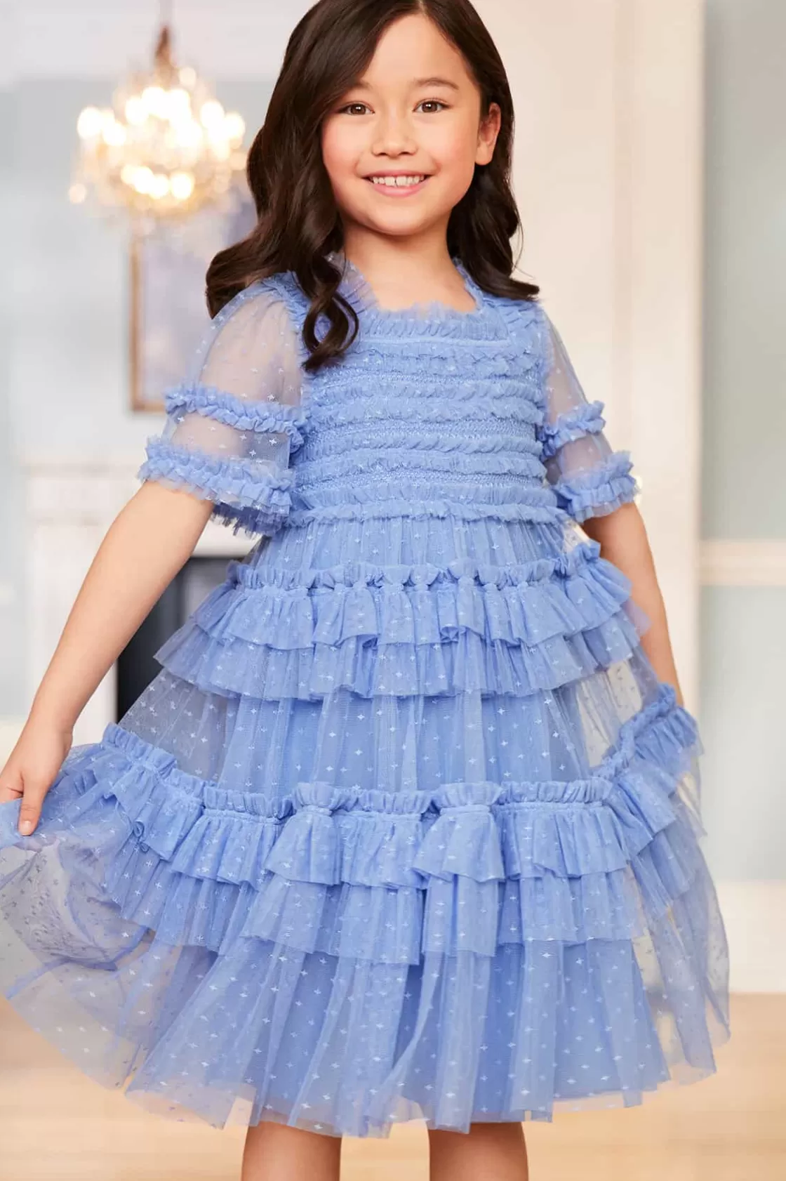 Needle & Thread Kids Responsibly Sourced | Odpowiedzialnie Pozyskiwane-Peaches Smocked Kids Dress Blue