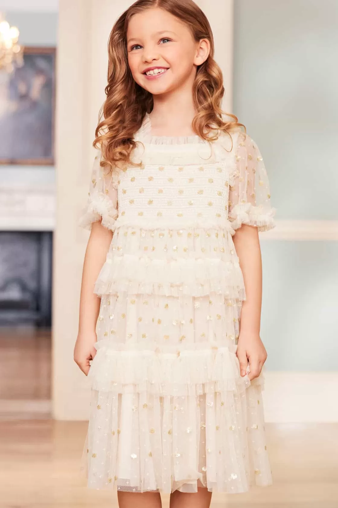 Needle & Thread Mamusia I Ja | Kids Embellished Dresses-Polka Dot Smocked Kids Dress Champagne