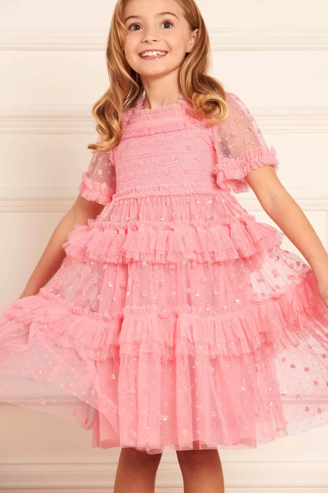 Needle & Thread Mamusia I Ja | Kids Embellished Dresses-Polka Dot Smocked Kids Dress Coral