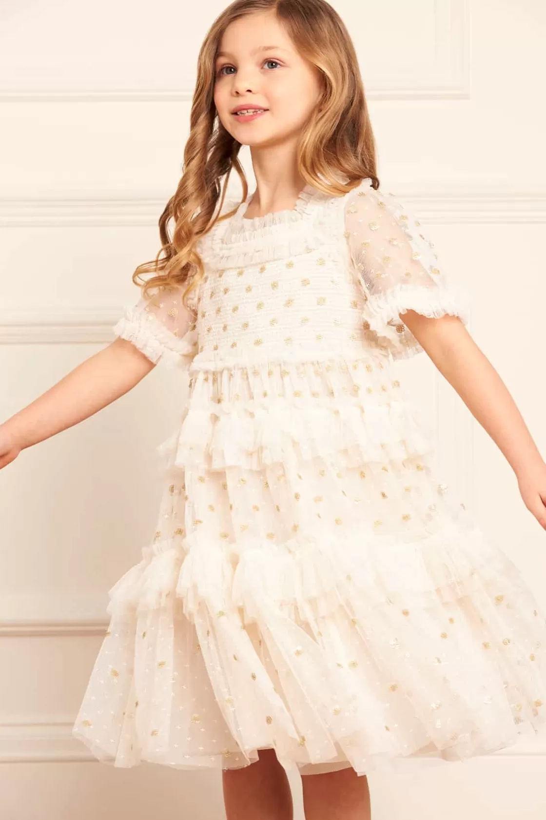 Needle & Thread Mamusia I Ja | Kids Embellished Dresses-Polka Dot Smocked Kids Dress Champagne