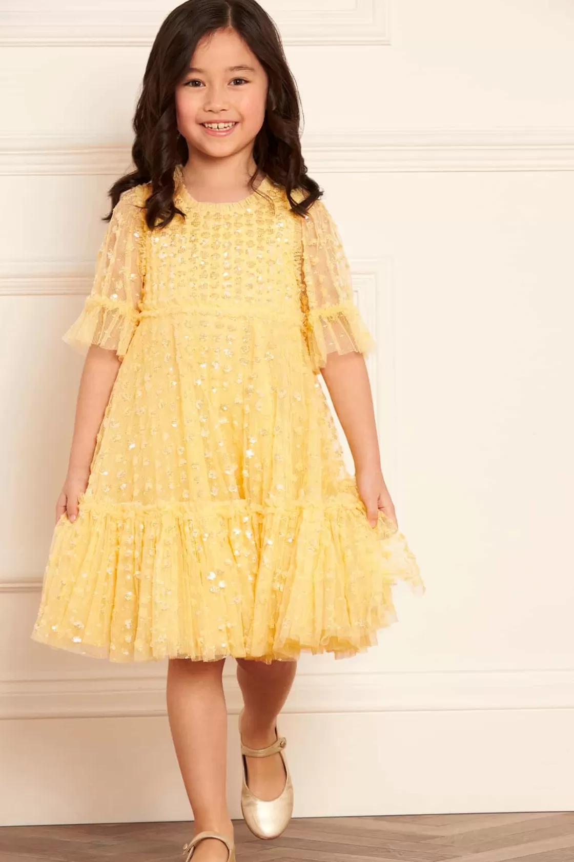 Needle & Thread Mamusia I Ja | Kids Embellished Dresses-Raindrop Sequin Kids Dress Yellow