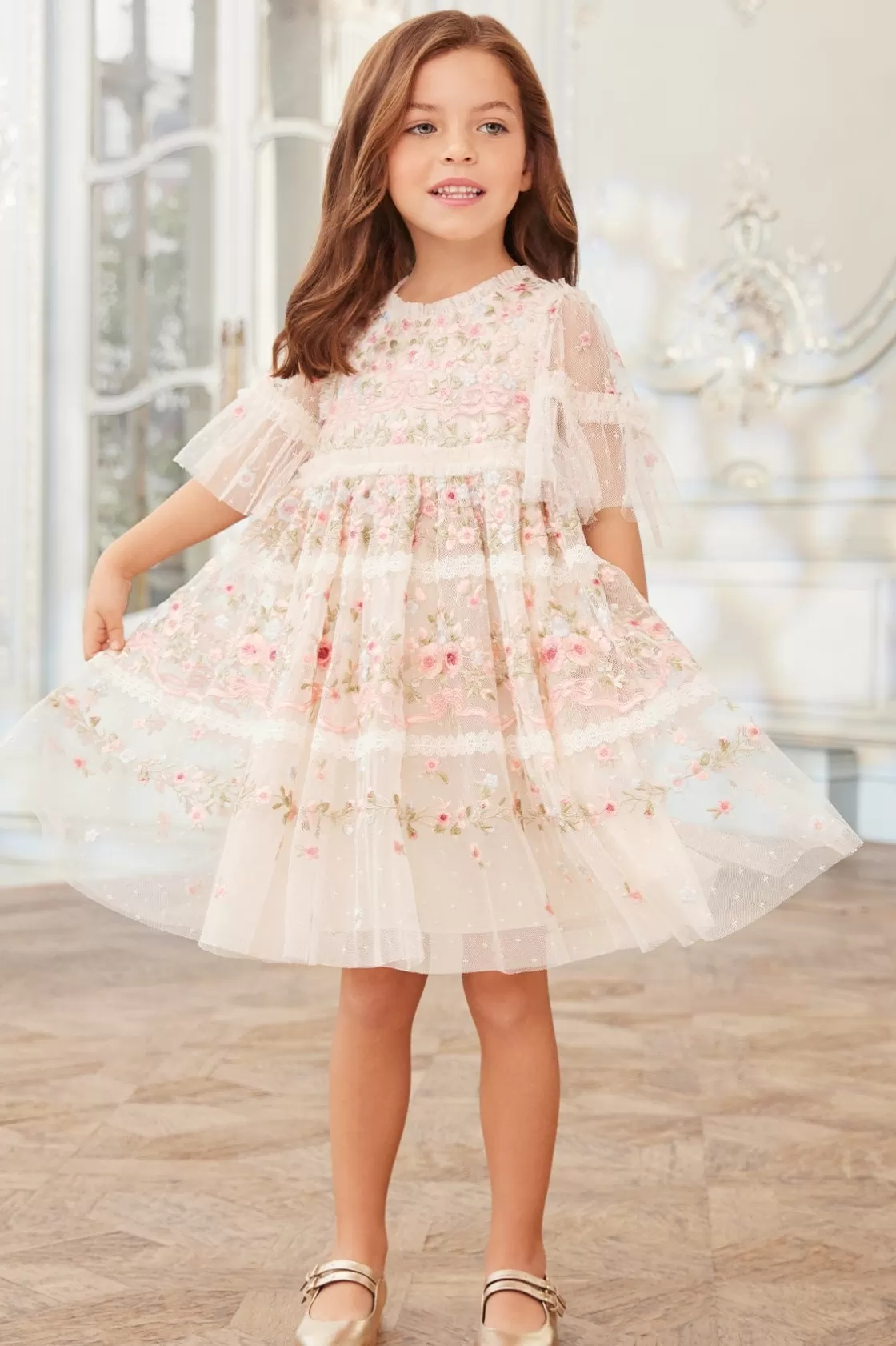 Needle & Thread Dziewczyna Z Kwiatami | Dziewczyna Z Kwiatami-Ribbon Bouquet Kids Dress Champagne