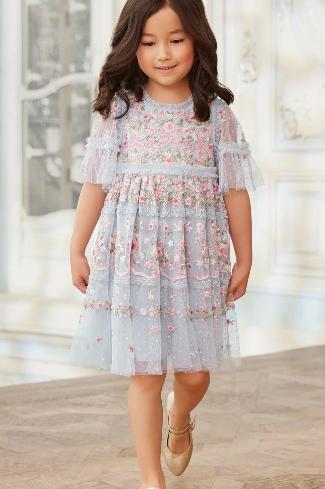 Needle & Thread Kids Embroidered Dresses | Kids Responsibly Sourced-Ribbon Bouquet Kids Dress Blue