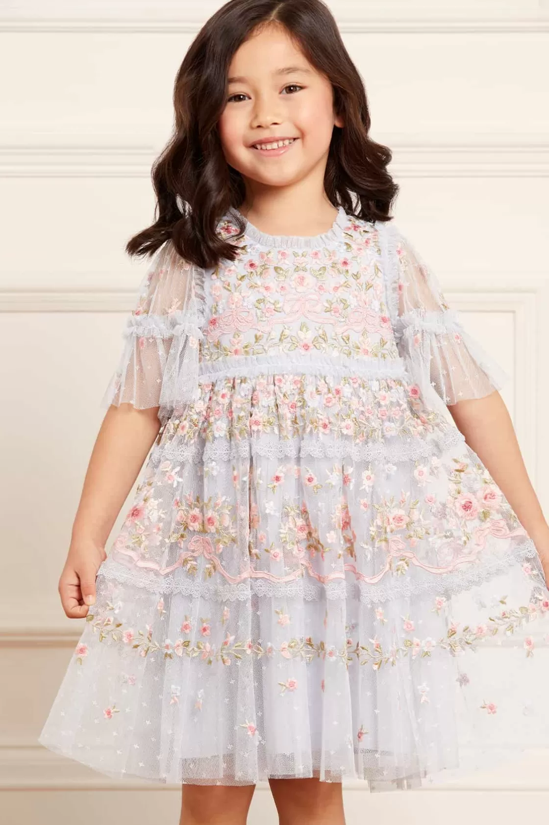 Needle & Thread Kids Embroidered Dresses | Kids Responsibly Sourced-Ribbon Bouquet Kids Dress Blue