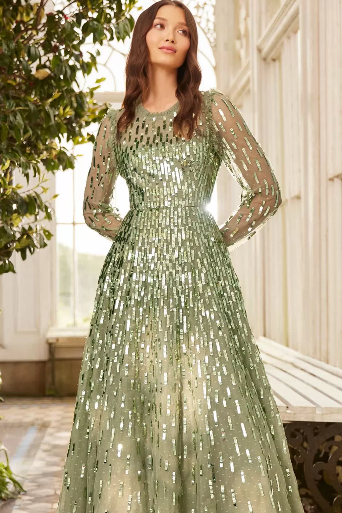 Needle & Thread Plus Size | Suknie Wieczorowe-Sequin Dash Long Sleeve Ankle Gown Green