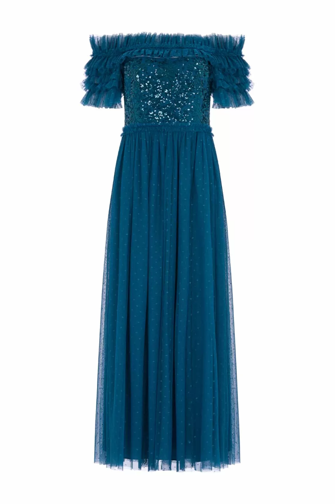 Needle & Thread Plus Size | Suknie Wieczorowe-Sequin Wreath Bodice Off-Shoulder Ankle Gown Blue