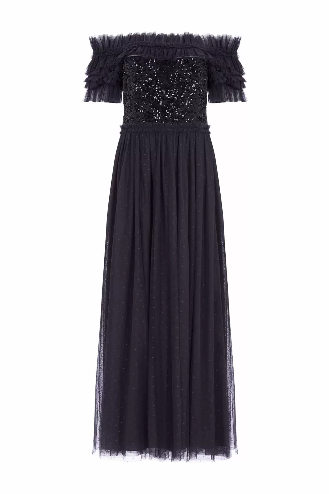 Needle & Thread Plus Size | Suknie Wieczorowe-Sequin Wreath Bodice Off-Shoulder Ankle Gown Black