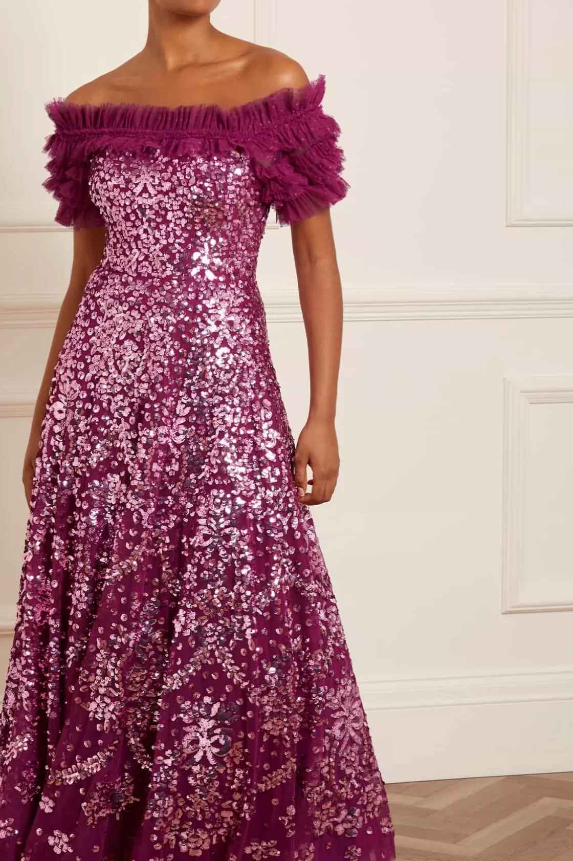 Needle & Thread Sukienki-Sequin Wreath Off-Shoulder Gown Purple