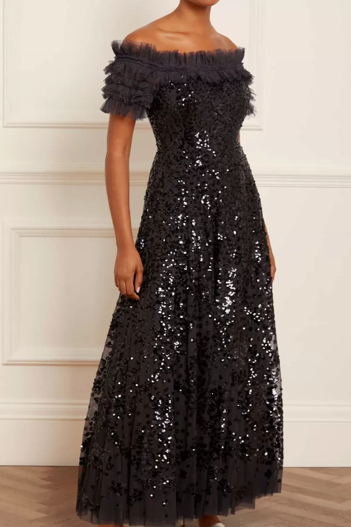 Needle & Thread Sukienki-Sequin Wreath Off-Shoulder Gown Black