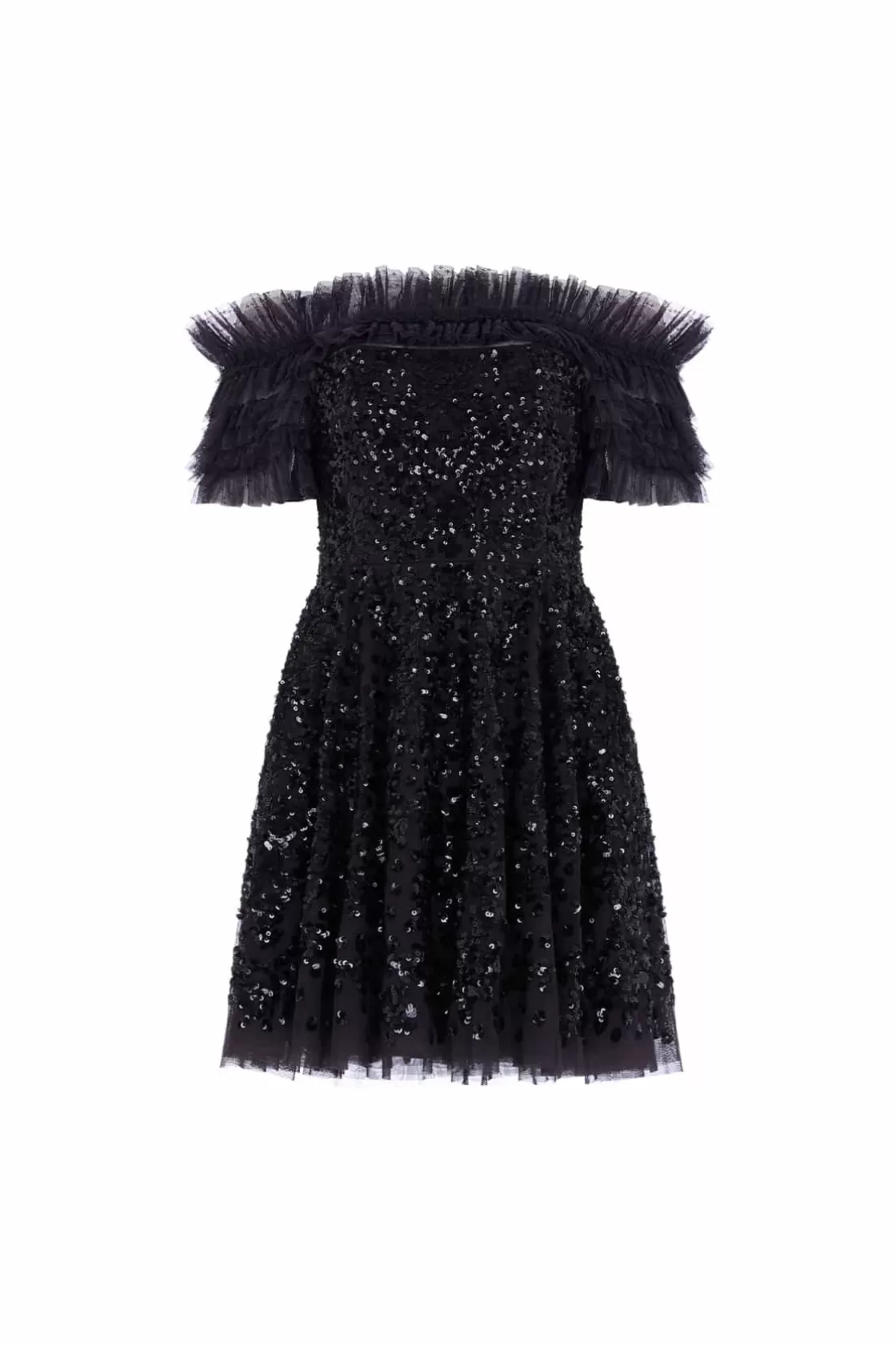 Needle & Thread Sukienki-Sequin Wreath Off-Shoulder Micro Mini Dress Black