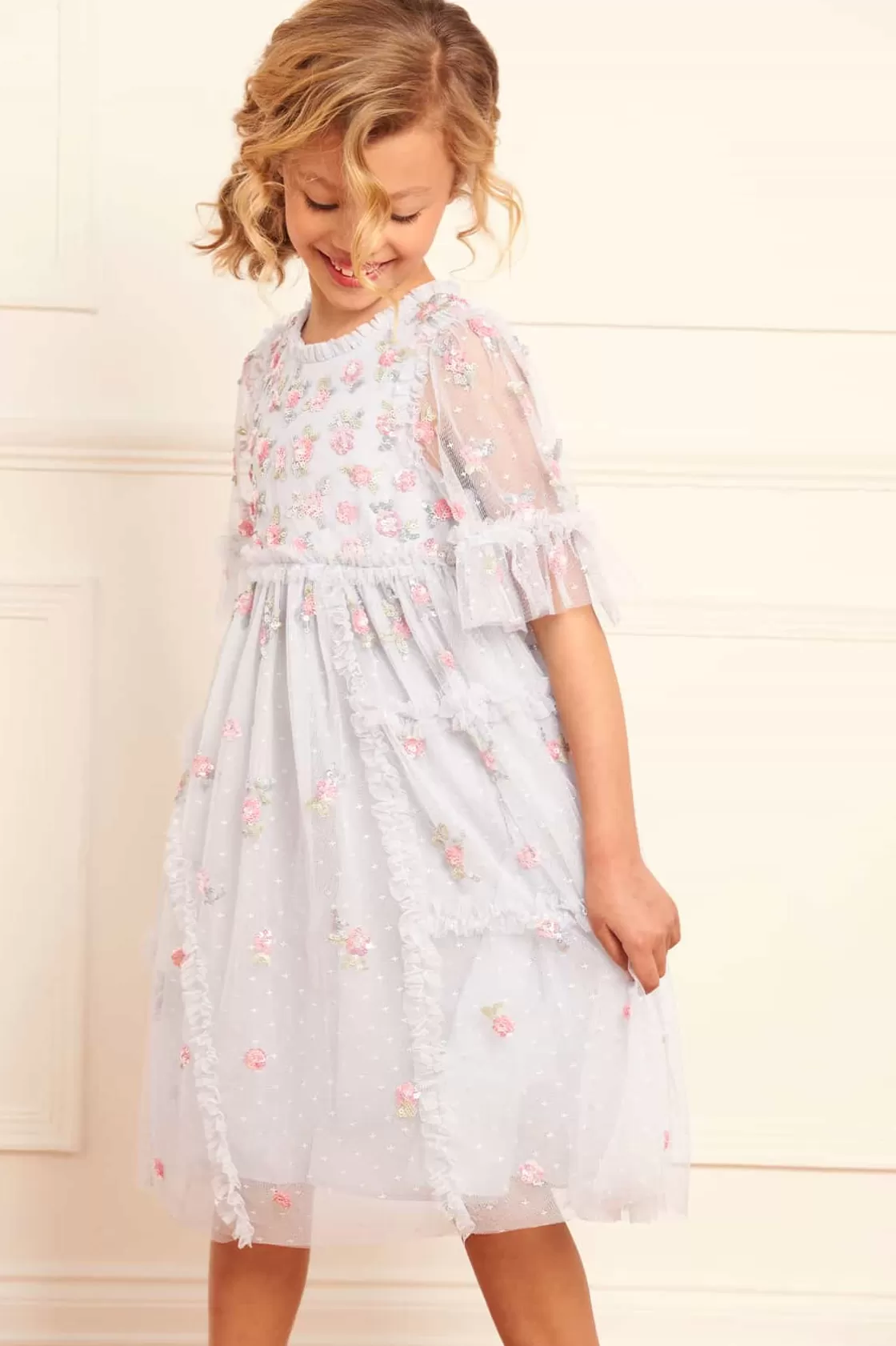 Needle & Thread Mamusia I Ja | Kids Embellished Dresses-Shimmer Ditsy Short Sleeve Kids Dress Blue