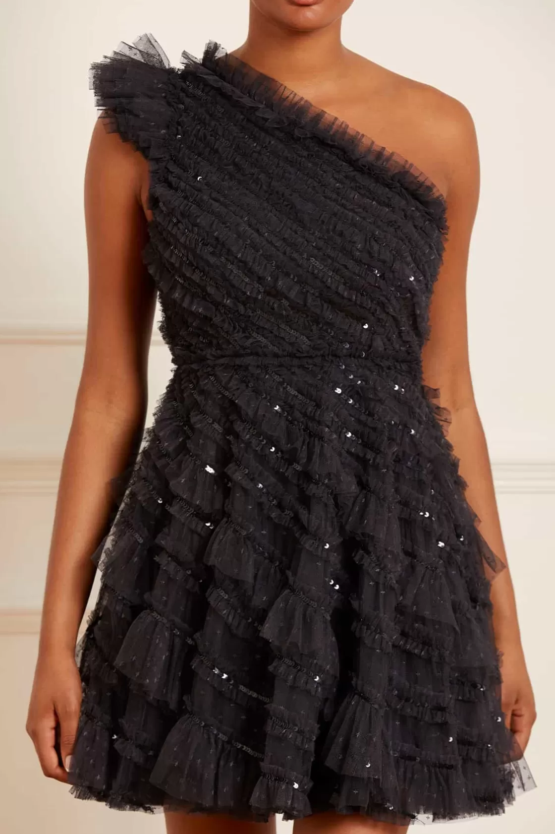 Needle & Thread Suknie Wieczorowe | Ozdobne Sukienki-Spiral Sequin One-Shoulder Micro Mini Dress Black