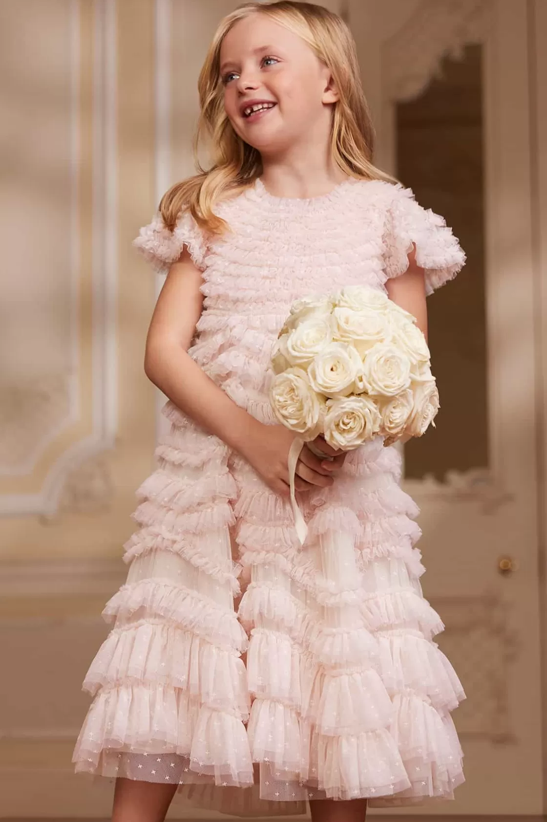 Needle & Thread Kids Responsibly Sourced | Odpowiedzialnie Pozyskiwane-Wild Rose Ruffle Kids Dress Champagne