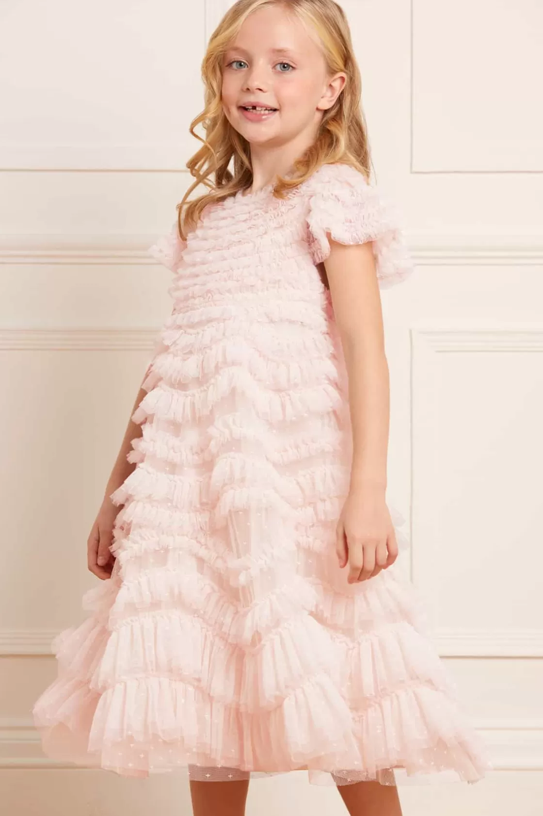 Needle & Thread Kids Responsibly Sourced | Odpowiedzialnie Pozyskiwane-Wild Rose Ruffle Kids Dress Champagne