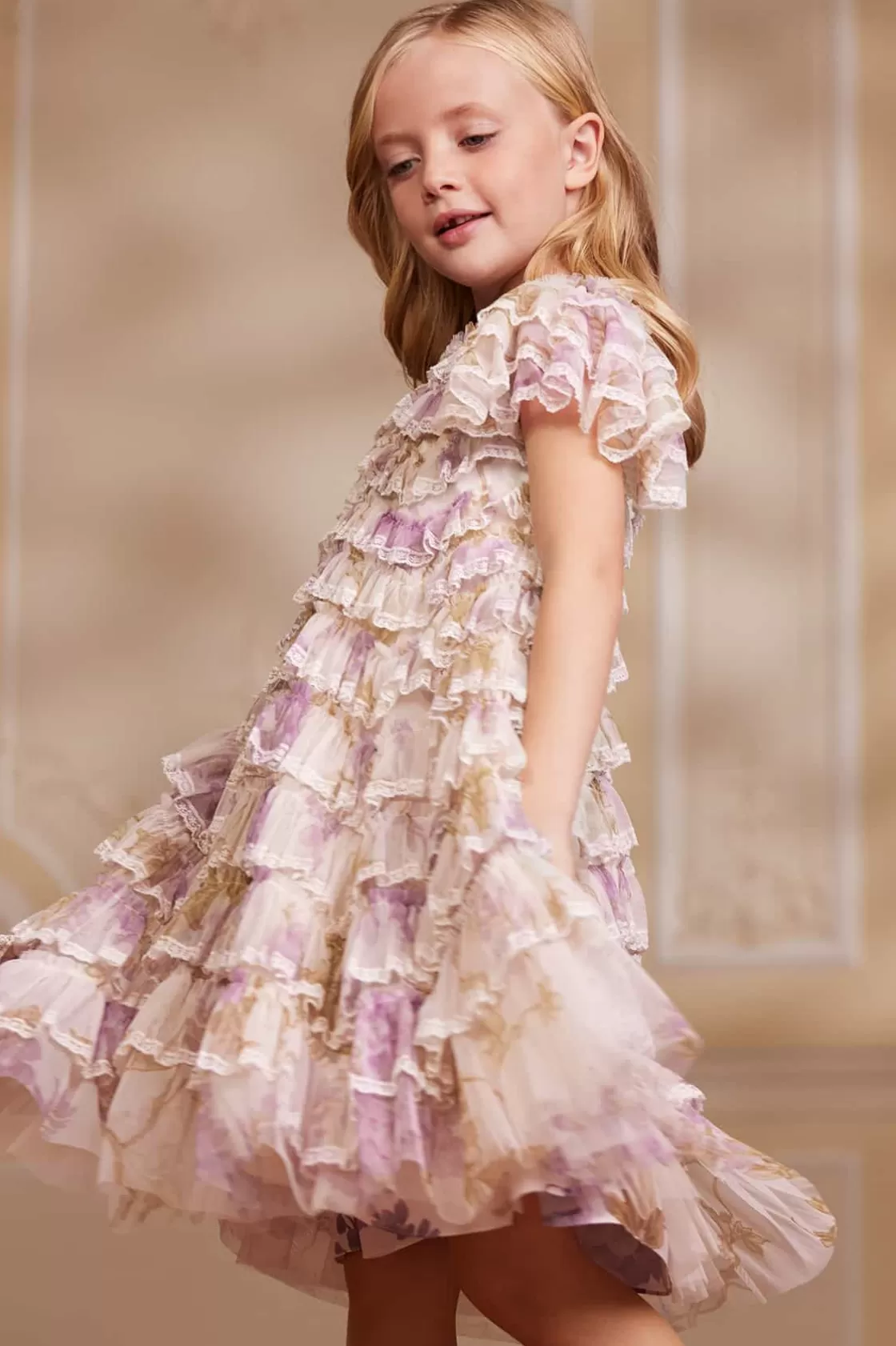 Needle & Thread Mamusia I Ja | Kids Printed Dresses-Wisteria Ruffle Lace Kids Dress Multi