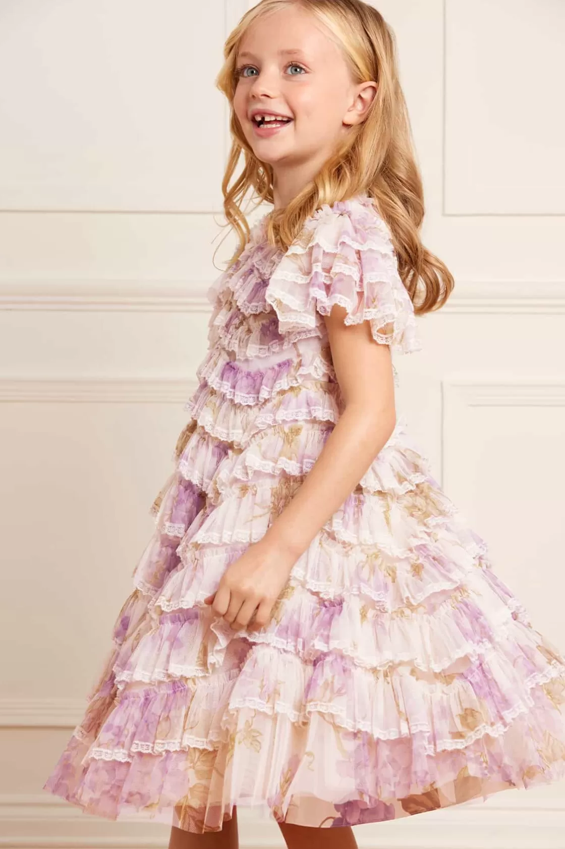 Needle & Thread Mamusia I Ja | Kids Printed Dresses-Wisteria Ruffle Lace Kids Dress Multi